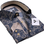 Blue Gold Paisley Mens Slim Fit Designer Dress Shirt - tailored Cotton Shirts for Work and Casual