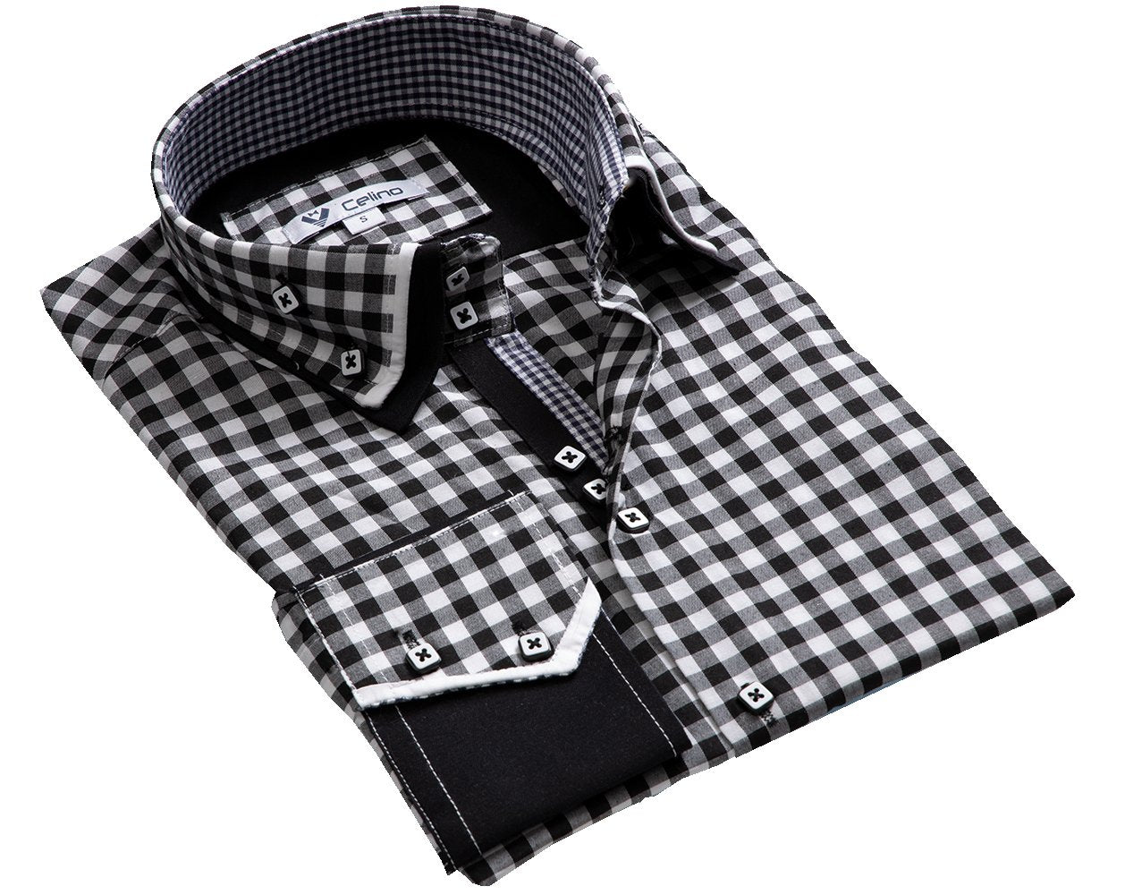 CEBD8972 Black + White Check Mens Slim Fit Designer Dress Shirt - tailored Cotton Shirts for Work and - Image 1