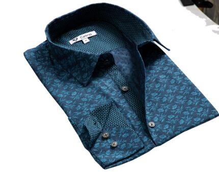 Blue Teal Floral Mens Slim Fit Designer Dress Shirt - tailored Cotton Shirts for Work and Casual