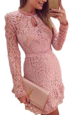 Women's Ladies Fashion O-Neck Long Sleeve Lace Pink Party Dress - Celino Corp.
