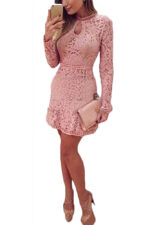 Women's Ladies Fashion O-Neck Long Sleeve Lace Pink Party Dress - Celino Corp.