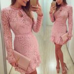 Women's Ladies Fashion O-Neck Long Sleeve Lace Pink Party Dress - Celino Corp.