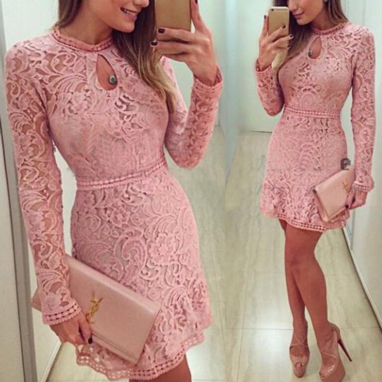 Women's Ladies Fashion O-Neck Long Sleeve Lace Pink Party Dress - Celino Corp.