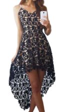 Women's Ladies Fashion V-neck Dipped Hem Spaghetti Straps Cami Lace Black Dress - Celino Corp.