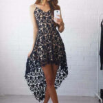 Women's Ladies Fashion V-neck Dipped Hem Spaghetti Straps Cami Lace Black Dress - Celino Corp.
