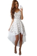 Women's Ladies Fashion V-neck Dipped Hem Spaghetti Straps Cami Lace White Dress - Celino Corp.