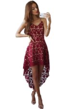 Women's Ladies Fashion V-neck Dipped Hem Spaghetti Straps Lace Burgundy Dress - Celino Corp.