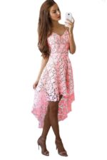 Women's Ladies Fashion V-neck Dipped Hem Spaghetti Straps Pink Lace Party Dress - Celino Corp.