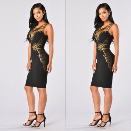 Womens Gold Lace Sleeveless Black Dress Ladies Cocktail Party Bodycon Dress