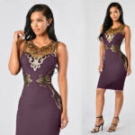 Womens Gold Lace Sleeveless Purple Dress Ladies Cocktail Party Bodycon Dress