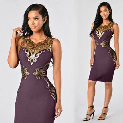 Womens Gold Lace Sleeveless Purple Dress Ladies Cocktail Party Bodycon Dress