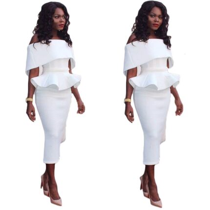 Womens Off Shoulder Peplum Bodycon Ruffle Cocktail Pencil Midi Dresses