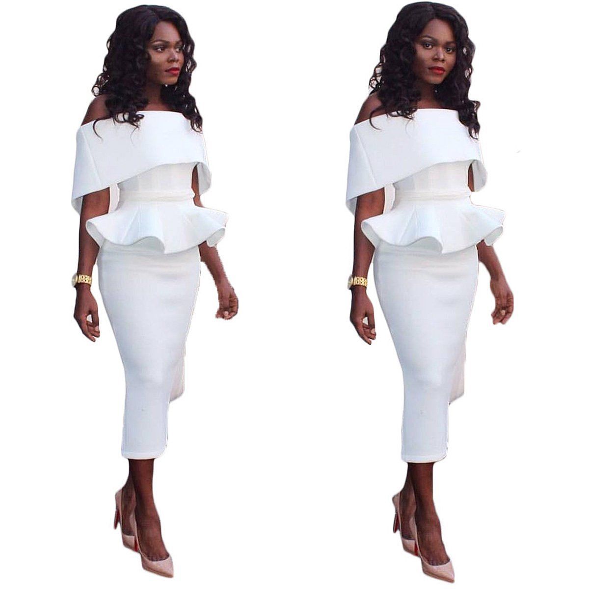 CEBDR011_1 Womens Off Shoulder Peplum Bodycon Ruffle Cocktail Pencil Midi Dresses - Image 1