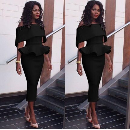 Womens Black Off Shoulder Peplum Bodycon Ruffle Cocktail Pencil Midi Dresses