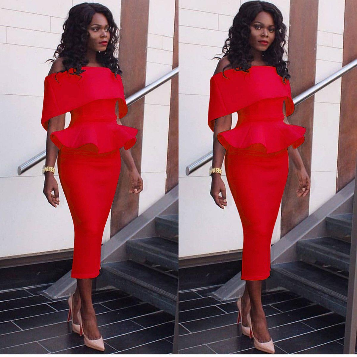 CEBDR014_1 Womens Off Shoulder Peplum Bodycon Ruffle Cocktail Pencil Red Midi Dresses - Image 1