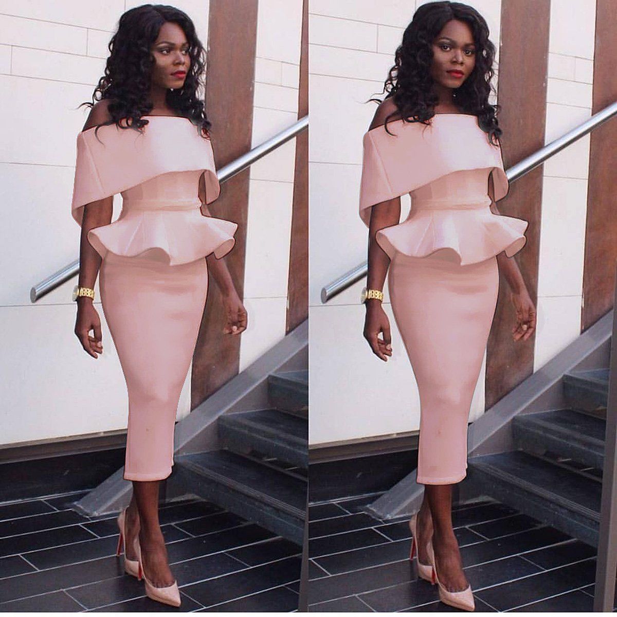 CEBDR015_1 Womens Off Shoulder Peplum Bodycon Ruffle Cocktail Pencil Pink Midi Dresses - Image 1