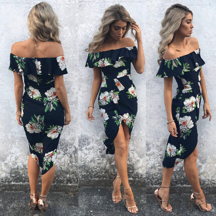 Celino Women's Off Shoulder Short Sleeve Boho Floral Printed Black Dress - Celino Corp.