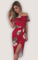 Celino Women's Off Shoulder Short Sleeve Boho Floral Printed Red Dress - Celino Corp.