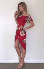 Celino Women's Off Shoulder Short Sleeve Boho Floral Printed Red Dress - Celino Corp.