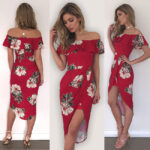 Celino Women's Off Shoulder Short Sleeve Boho Floral Printed Red Dress - Celino Corp.