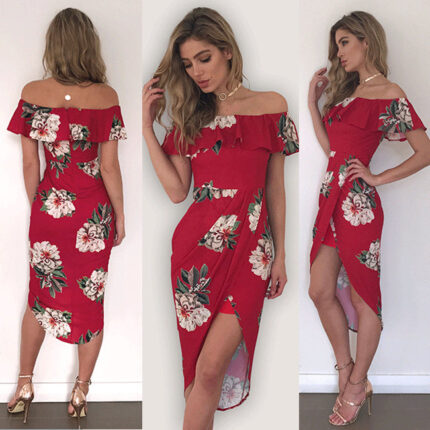 Celino Women's Off Shoulder Short Sleeve Boho Floral Printed Red Dress - Celino Corp.