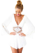 Celino Women's Lace Front & Back Deep V- Neck Ruffle Long Sleeve White Dresses - Celino Corp.