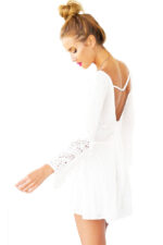 Celino Women's Lace Front & Back Deep V- Neck Ruffle Long Sleeve White Dresses - Celino Corp.