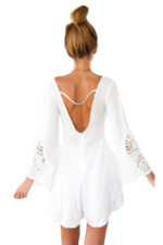 Celino Women's Lace Front & Back Deep V- Neck Ruffle Long Sleeve White Dresses - Celino Corp.