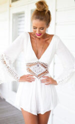 Celino Women's Lace Front & Back Deep V- Neck Ruffle Long Sleeve White Dresses - Celino Corp.
