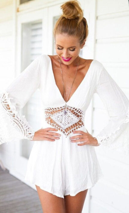 Celino Women's Lace Front & Back Deep V- Neck Ruffle Long Sleeve White Dresses - Celino Corp.