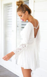 Celino Women's Lace Front & Back Deep V- Neck Ruffle Long Sleeve White Dresses - Celino Corp.