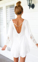 Celino Women's Lace Front & Back Deep V- Neck Ruffle Long Sleeve White Dresses - Celino Corp.