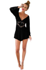 Celino Women's Lace Front & Back Deep V- Neck Ruffle Long Sleeve Black Dress - Celino Corp.