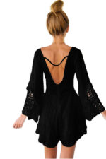 Celino Women's Lace Front & Back Deep V- Neck Ruffle Long Sleeve Black Dress - Celino Corp.