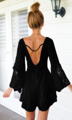 Celino Women's Lace Front & Back Deep V- Neck Ruffle Long Sleeve Black Dress - Celino Corp.