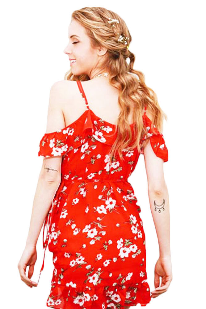 Celino Women's Summer Sexy Red Floral Printed Off Shoulder Beacwear Mini Dress - Celino Corp.