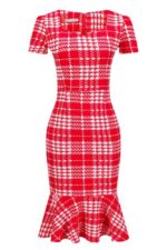Celino Women Slim Mermaid Bodycon Red & White Check Formal Office Pencil Dress - Celino Corp.