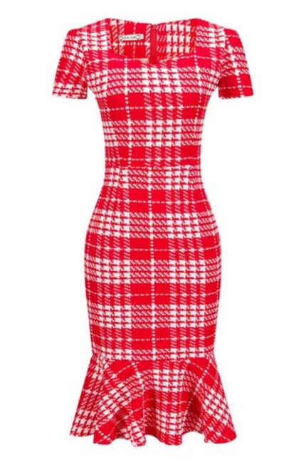 Celino Women Slim Mermaid Bodycon Red & White Check Formal Office Pencil Dress - Celino Corp.
