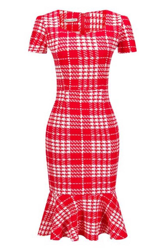 CEBDR035 Celino Women Slim Mermaid Bodycon Red & White Check Formal Office Pencil Dress - Celino Corp.
