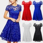 Celino Women Floral Lace Round Neck Short Sleeve Mini Skater White Dresses - Celino Corp.