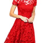 Celino Women Floral Lace Round Neck Short Sleeve Mini Skater Red Dresses