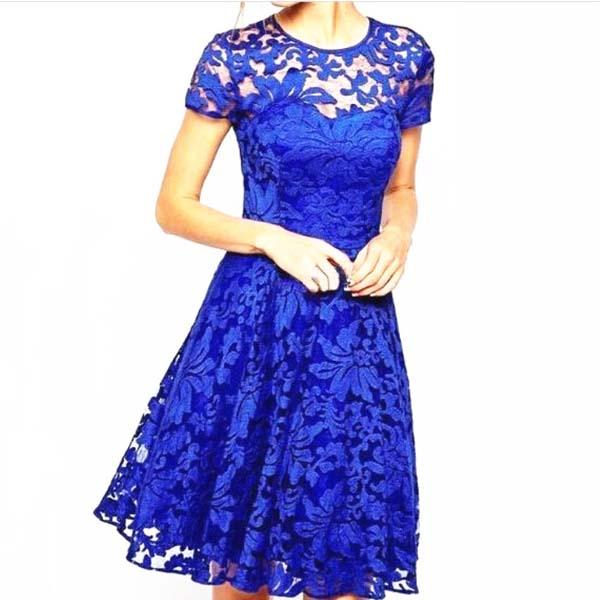 Celino Women Floral Lace Round Neck Short Sleeve Mini Skater Blue Dresses - Celino Corp.