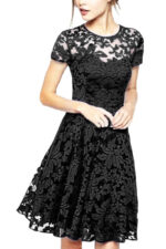 Celino Women Floral Lace Round Neck Short Sleeve Mini Skater Black Dresses - Celino Corp.