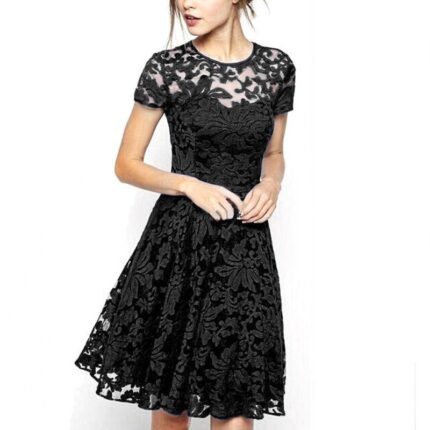 Celino Women Floral Lace Round Neck Short Sleeve Mini Skater Black Dresses - Celino Corp.
