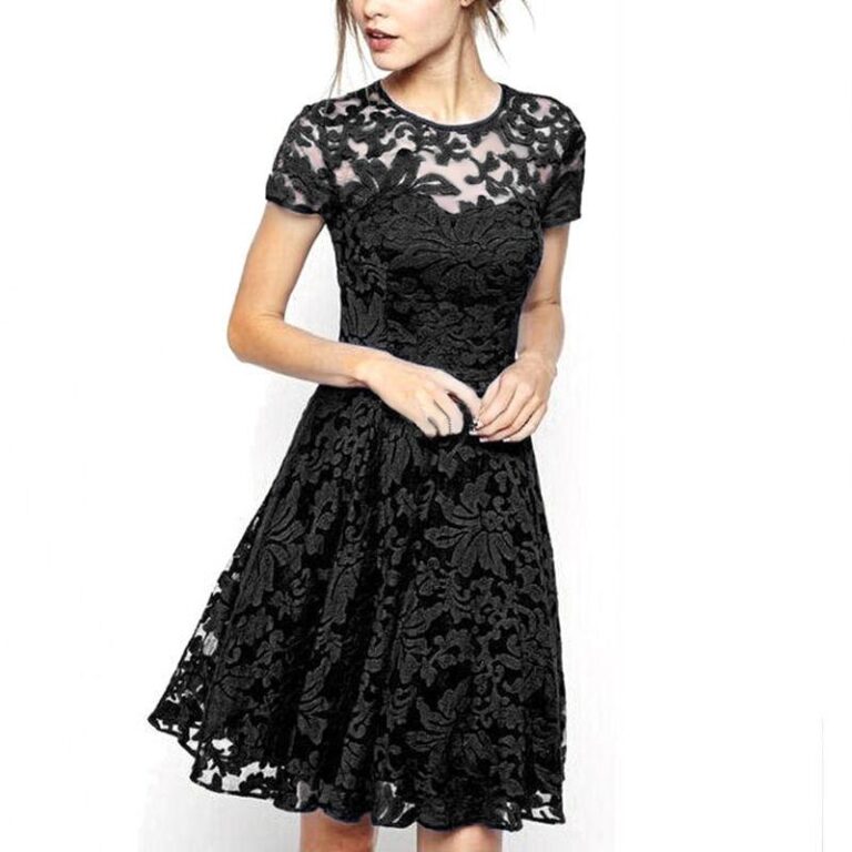 Celino Women Floral Lace Round Neck Short Sleeve Mini Skater Black Dresses - Celino Corp.