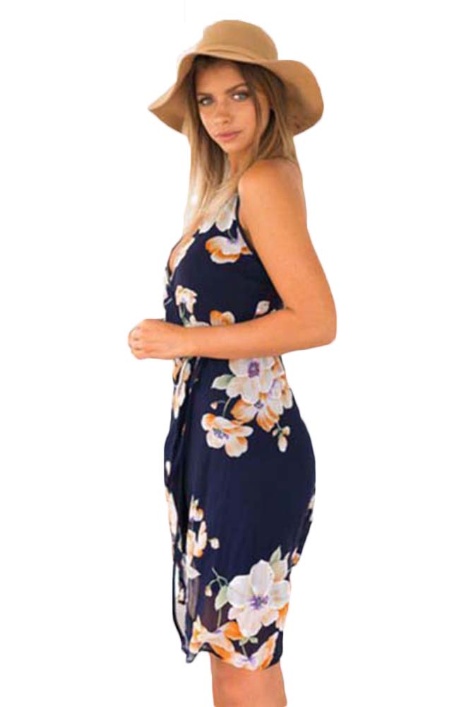 Celino Women's Crisscross Back Plunge V-Neck Sleeveless Floral Printed Cami Dress - Celino Corp.