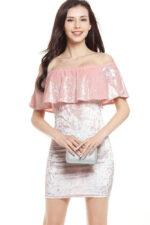 Women's Summer Fashion Off Shoulder Short Sleeve Mini Pink Dresses - Image 2