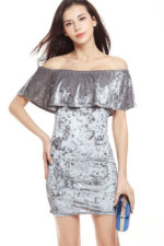 Women's Fashion Sexy Velvet Off Shoulder Short Sleeve Silver  Mini Dresses - Celino Corp.