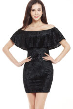 Women's Fashion Sexy Velvet Off Shoulder Short Sleeve Black  Mini Dresses - Celino Corp.