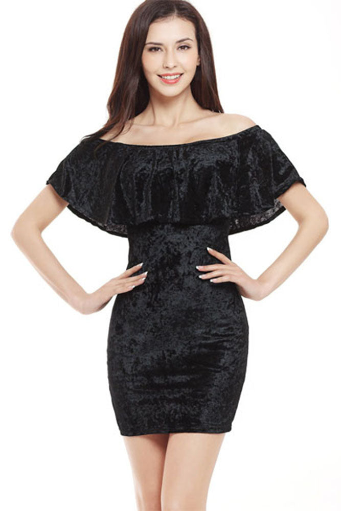Women's Fashion Sexy Velvet Off Shoulder Short Sleeve Black  Mini Dresses - Celino Corp.